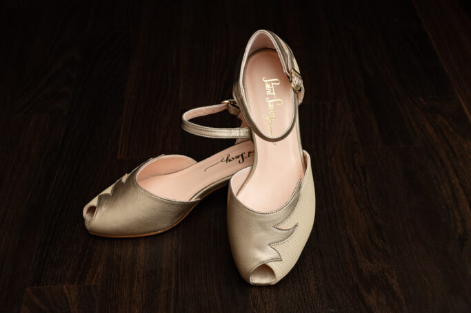 Eden Orchard, Rosé gold and beige cream leather shoe, Peep Toe, Ankle strap, soft padding