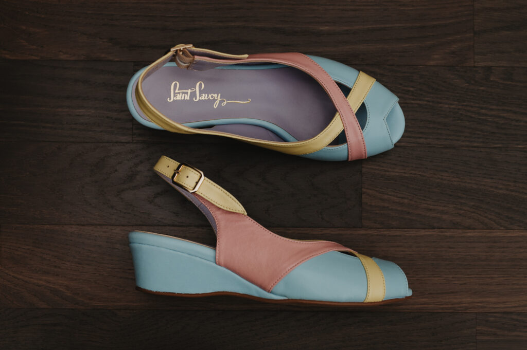 Wedges shoes, pastel colors pink, yellow , light blue, leather shoes, vintage style, retro shoes